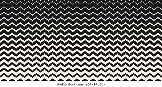 Vector halftone seamless pattern with zigzag lines, wavy stripes, chevron. Simple black and white texture with vertical gradient transition effect. Sport style background. Abstract repeated geo design