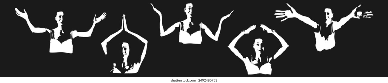 Vector halftone set of silhouette symbols. Stickers with different poses of people body. Positions of the face and hands. Monochrome torso. Icons for messages, creating an atmosphere, website, avatar 