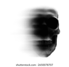 Vector halftone skull illustration made by black dots. Gradual dotted blur fade from left to right. 