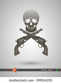 Vector halftone skulls. Skull icon. Symbol of death, danger, war, death, pirate. Object on a white background. Revolver, weapons, gun.