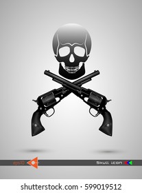 Vector halftone skulls. Skull icon. Symbol of death, danger, war, death, pirate. Object on a white background. Weapon, revolver, pistol. Flat style.