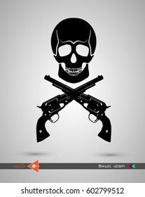 Vector halftone skulls. Skull icon. Symbol of death, danger, war, death, pirate. Object on a white background. Weapon, revolver, pistol. Flat style.