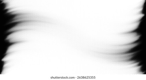 Vector halftone smooth wave curve on white background. Black retro style dot gradient design.