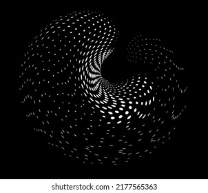 Vector halftone spiral of polka dots on a dark background. A sequence of white peas rushing into the middle.