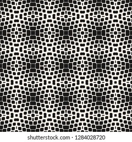 Vector halftone texture. Abstract geometric seamless pattern with gradient transition effect, small shapes, net, mesh, ripple surface. Black and white minimal repeat background. Creative modern design