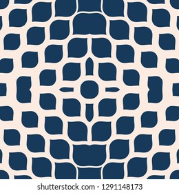 Vector halftone texture. Abstract geometric seamless pattern with gradient transition effect, grid, net, lattice, small ovate shapes, petals, leaves. Blue and beige minimal background. Repeat design