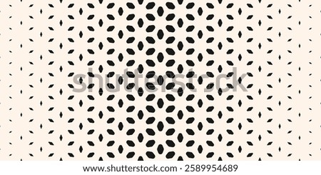 Vector halftone texture with floral silhouettes, leaf shapes, petals. Monochrome seamless pattern with gradient transition effect. Modern abstract black and white half-tone background. Repeated design