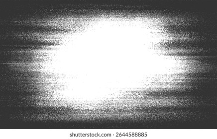 Textura de meio-tom vetorial com linhas horizontais e intermitência central branca e efeito de vinheta. Efeito de ruído de xerox grunge com desvanecimento das bordas e distorção da linha de varredura.