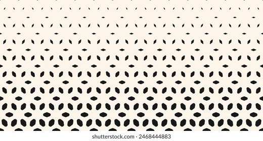 Vector halftone texture. Horizontally seamless pattern. Black and white border with gradient transition effect. Minimalist geometric background with floral shapes, leaves, diamonds. Abstract design