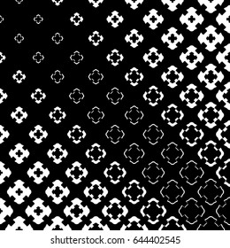 Vector halftone texture, monochrome abstract pattern. Gradient transition effect from black to white. Floral geometric shapes, carved crosses in diagonal grid. Dark design for prints, covers, digital