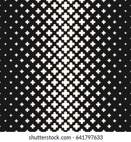 Vector halftone texture, monochrome seamless pattern, gradient transition effect from black to white. Geometric background with crosses, floral shapes. Abstract design for prints, covers, banners, web