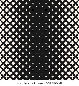 Vector halftone texture, seamless pattern, gradient transition effect. Geometric background with different sized floral shapes, carved crosses. Dark stylish design for prints, decor, fabric, covers