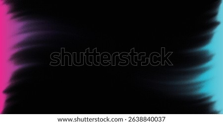 Vector halftone wave curve with glowing magenta and cyan edges on black background. Retro dot neon glow gradient design.