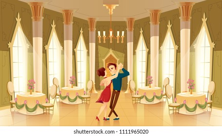 Vector hall with dancers, interior of ballroom. Big room with chandelier, columns for royal reception in luxury medieval palace. Marriage, wedding in castle, cartoon characters