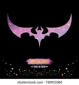 vector halloween abstract bat animal silhouette label with calligraphic text isolated on night black background. vector happy halloween greeting card, party poster, invitation design template