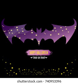 vector halloween abstract bat animal silhouette label with calligraphic text isolated on night black background. vector happy halloween greeting card, party poster, invitation design template