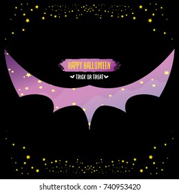 vector halloween abstract bat animal silhouette label with calligraphic text isolated on night black background. vector happy halloween greeting card, party poster, invitation design template