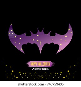 vector halloween abstract bat animal silhouette label with calligraphic text isolated on night black background. vector happy halloween greeting card, party poster, invitation design template