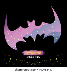 vector halloween abstract bat animal silhouette label with calligraphic text isolated on night black background. vector happy halloween greeting card, party poster, invitation design template