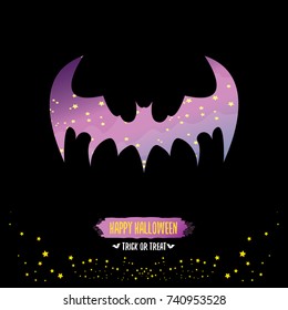 vector halloween abstract bat animal silhouette label with calligraphic text isolated on night black background. vector happy halloween greeting card, party poster, invitation design template