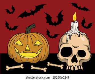 Vector Halloween art with Jack-o'-lanterns, bats, skull, candle, bones for scary design, print, poster, cover, sticker, packing. Spooky illustration for horror decor, festival, party invitation, web.