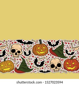 Vector Halloween art with Jack-o-lanterns, bats, skulls, eyeballs, witch hat, bones for scary design, print, poster, cover, packing. Spooky illustration for horror decor, festival, party invitation.