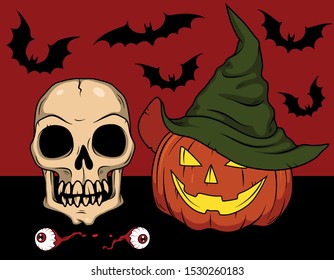 Vector Halloween art with Jack-o-lanterns, bats, skulls, eyeballs, witch hat, bones for scary design, print, poster, cover, packing. Spooky illustration for horror decor, festival, party invitation.