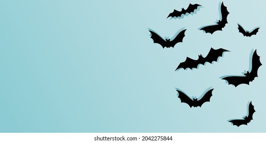 Vector. Halloween background with bats, holiday decorations. Flying bats with shadows. Halloween party invitation card mockup. Happy Halloween banner design. Flat lay, top view, copy space.