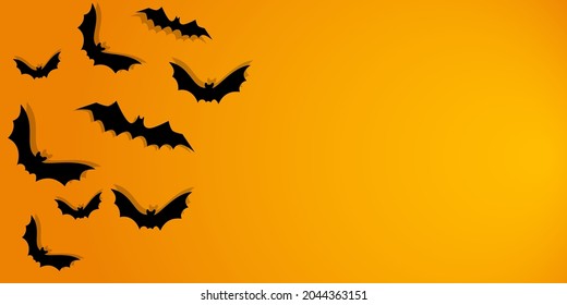 Vector. Halloween background with bats, holiday decorations. Flying bats with shadows. Halloween party invitation card mockup. Happy Halloween banner design. Flat lay, top view, copy space. Orange.