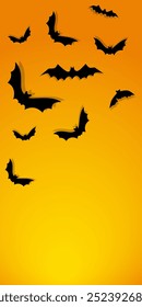 Vetor. Plano de fundo de Halloween com morcegos, decorações de férias. Morcegos voadores com sombras. Montagem de cartão de convite da festa de Halloween. Feliz design de banner de Halloween. Camada plana, vista superior, espaço de cópia.