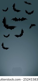 Vector. Halloween background with bats, holiday decorations. Flying bats with shadows. Halloween party invitation card mockup. Happy Halloween banner design. Flat lay, top view, copy space.