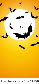 Vector. Halloween background with bats, holiday decorations. Flying bats, full moon. Halloween party invitation card mockup. Happy Halloween banner design. Flat lay, top view, copy space.