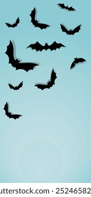 Vector. Halloween background with bats, holiday decorations. Flying bats with shadows. Halloween party invitation card mockup. Happy Halloween banner design. Flat lay, top view, copy space.