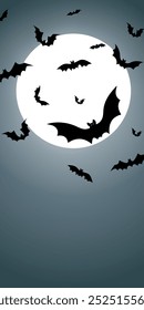 Vector. Halloween background with bats, holiday decorations. Flying bats, full moon. Halloween party invitation card mockup. Happy Halloween banner design. Flat lay, top view, copy space.