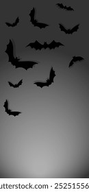 Vector. Halloween background with bats, holiday decorations. Flying bats with shadows. Halloween party invitation card mockup. Happy Halloween banner design. Flat lay, top view, copy space.