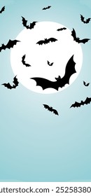 Vector. Halloween background with bats, holiday decorations. Flying bats, full moon. Halloween party invitation card mockup. Happy Halloween banner design. Flat lay, top view, copy space.