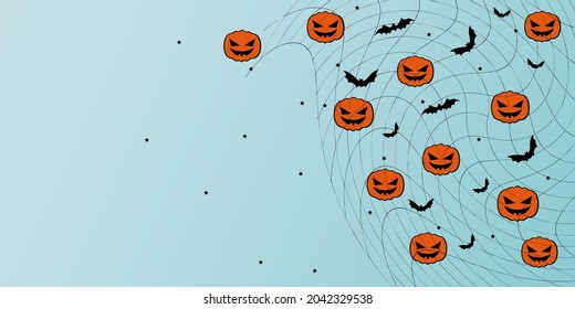 Vector. Halloween background with bats, pumpkins, stars, cobwebs, holiday decorations. Halloween party invitation card mockup. Happy Halloween banner design. Flat lay, top view, copy space.