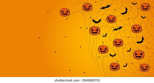 Vector. Halloween background with bats, pumpkins, stars, cobwebs, holiday decorations. Halloween party invitation card mockup. Happy Halloween banner design. Flat lay, top view, copy space.