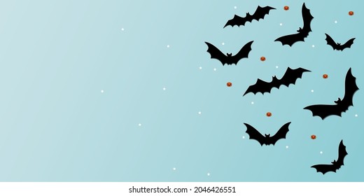 Vektorgrafik. Halloween Hintergrund mit Fledermäusen, Kürbis, Sternen, Feriendekorationen. Fledermäuse mit Schatten. Halloween-Party-Einladungskarte. Fröhliches Halloween-Banner-Design. Flachlage, Draufsicht, Kopienraum.