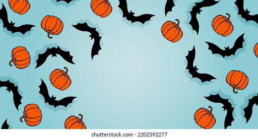 Vector. Halloween background with bats with shadows, pumpkins, holiday decorations. Halloween party invitation card mockup. Happy Halloween banner design. Flat lay, top view, copy space for text.
