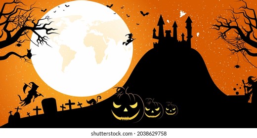 Vector  of Halloween background with castle and scary pumpkins .Halloween background with castle and scary pumpkins