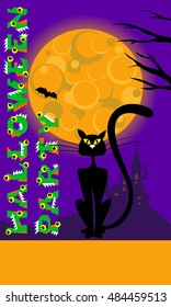 Vector halloween background with cat, moon, castle and original text greeting for party  print flyer.