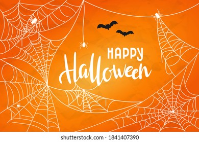 Vector Halloween background with cobweb. Happy Halloween hand drawn lettering with white webs and spiders. Banner, flyer, greeting card or party invitation illustration