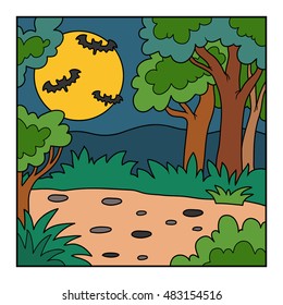 Vector Halloween background, colorful landscape with night forest