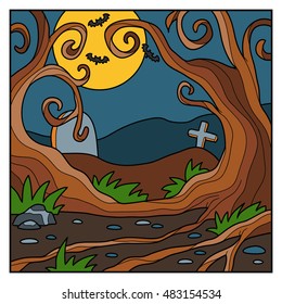 Vector Halloween background, colorful landscape with night forest