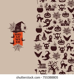 Vector halloween background design with witches, pumpkins, ghosts, spiders silhouettes illustration