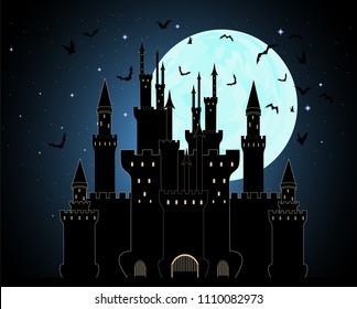 Vector Halloween background with Dracula castle in the mountains with flying bats and full moon sky