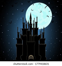 Vector Halloween background with Dracula castle in the mountains with flying bats and full moon sky