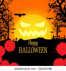 Vector halloween background with evil moon and bats, illustration