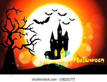 Vector Halloween background with flying bats, old house, moon